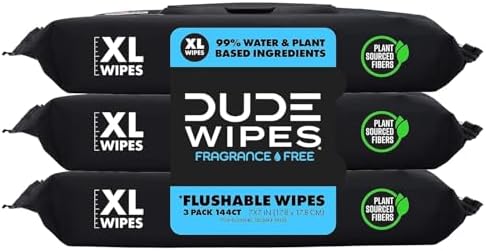 DUDE Wipes - Flushable Wipes - 3 Pack, 144 Wipes - Unscented Extra-Large Adult Wet Wipes - Vitamin-E & Aloe - Septic and Sewer Safe