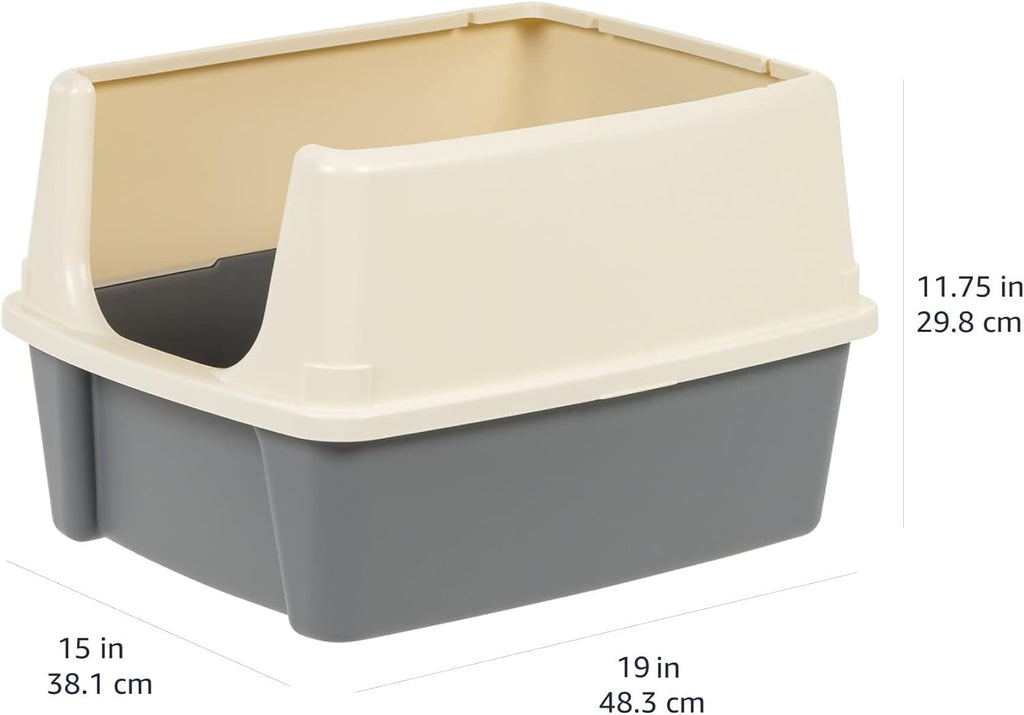 Large Cat Litter Box with High Sides, Open Top, Includes Scoop, 19 x 15 x 11.75 inches, Grey/Beige