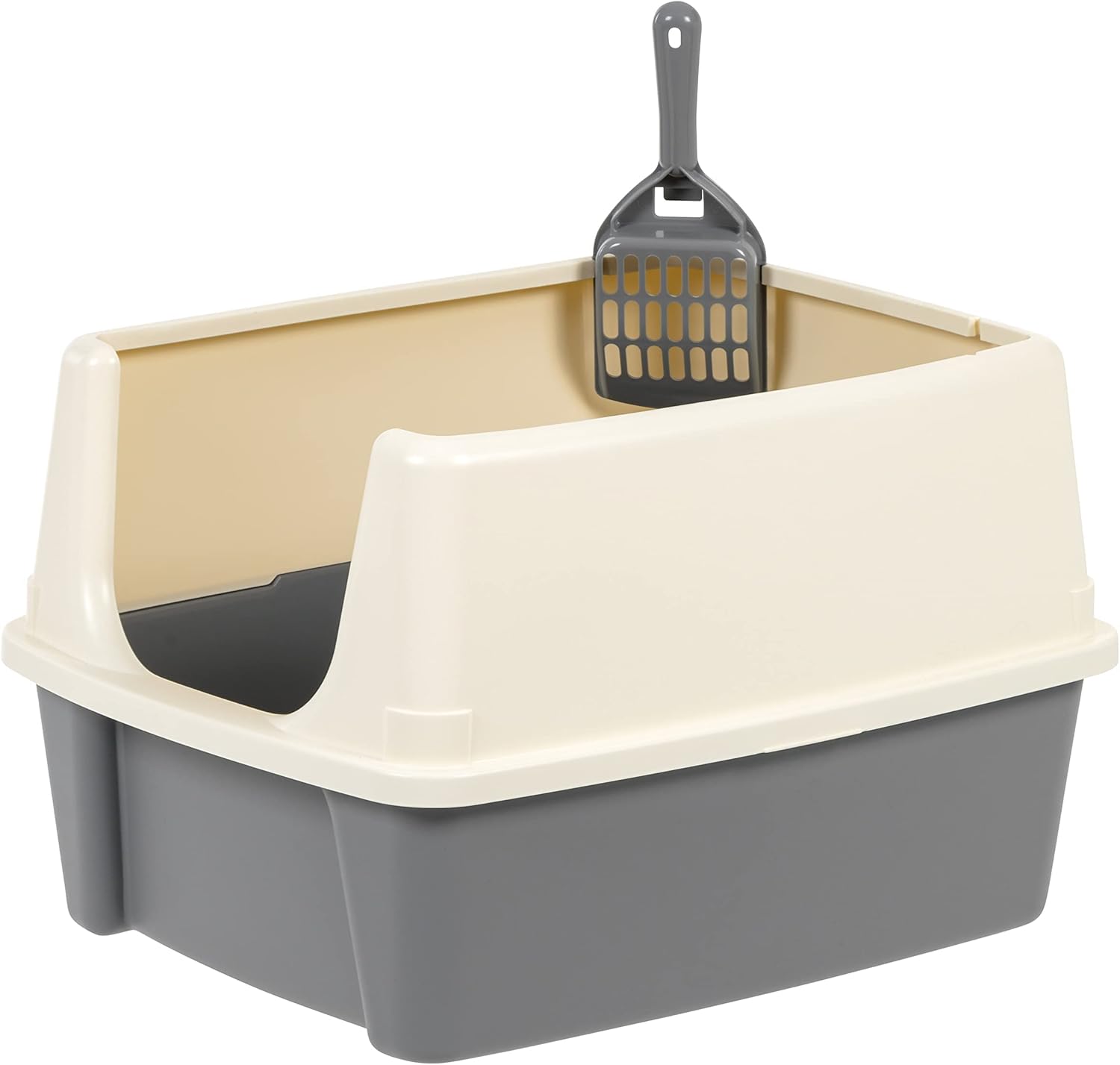 Large Cat Litter Box with High Sides, Open Top, Includes Scoop, 19 x 15 x 11.75 inches, Grey/Beige