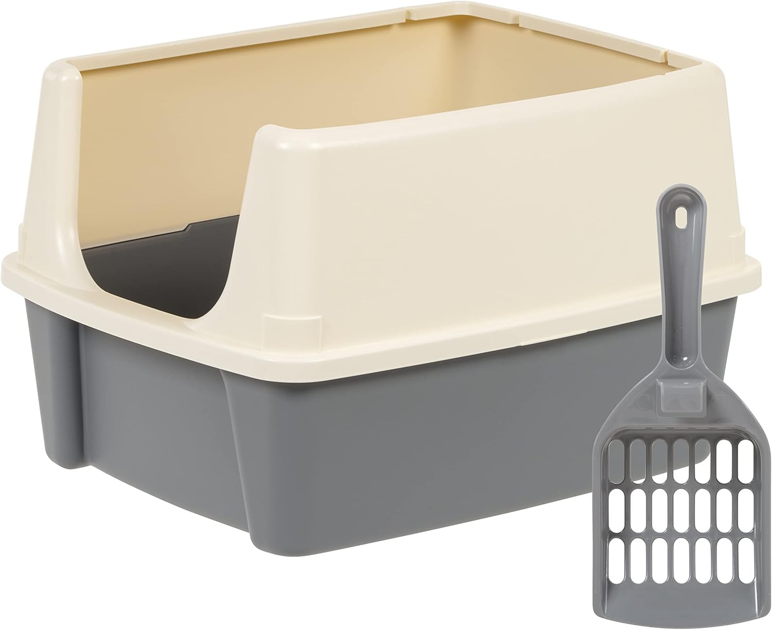 Large Cat Litter Box with High Sides, Open Top, Includes Scoop, 19 x 15 x 11.75 inches, Grey/Beige
