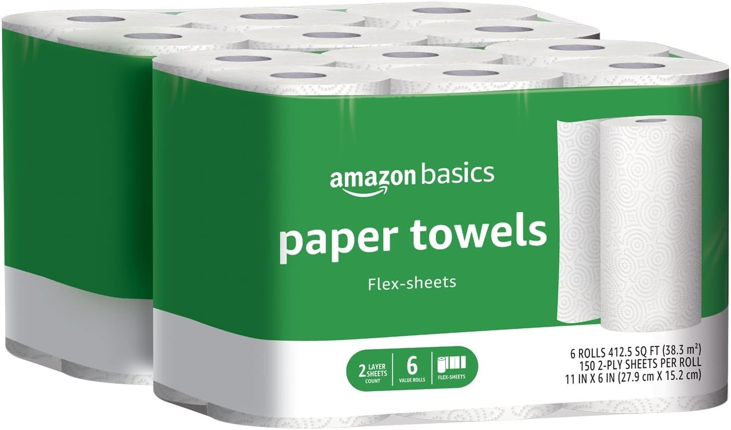 Absorbent Flex-Sheets Paper Towels, 12 Basics Rolls = 32 Regular Rolls, Everyday Value with 150 Sheets per Roll