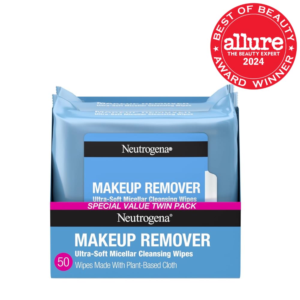 Neutrogena Makeup Remover Wipes Micellar Alcohol-Free Face Towelettes Remove Waterproof Mascara & Oil, Compostable 100% Plant-Based Cloth, Dermatologist & Ophthalmologist Tested, Twin Pack 2 x 25 ct
