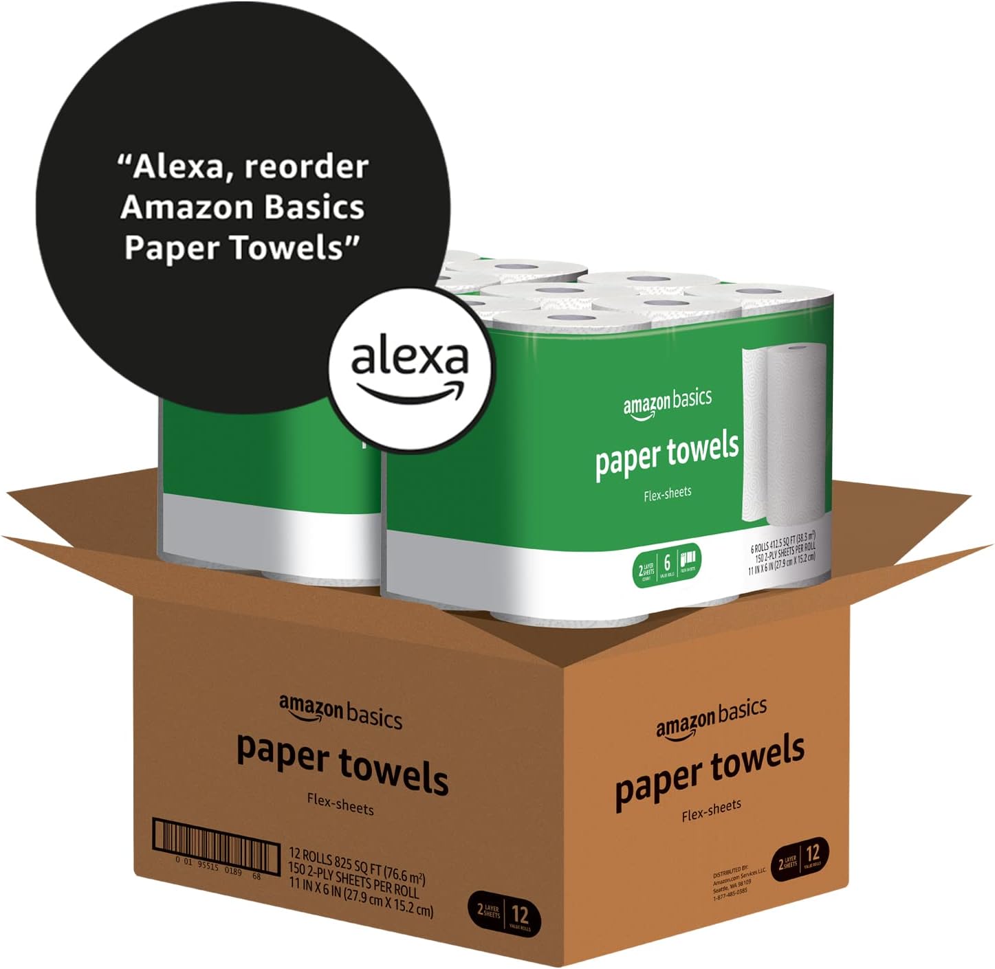 Absorbent Flex-Sheets Paper Towels, 12 Basics Rolls = 32 Regular Rolls, Everyday Value with 150 Sheets per Roll