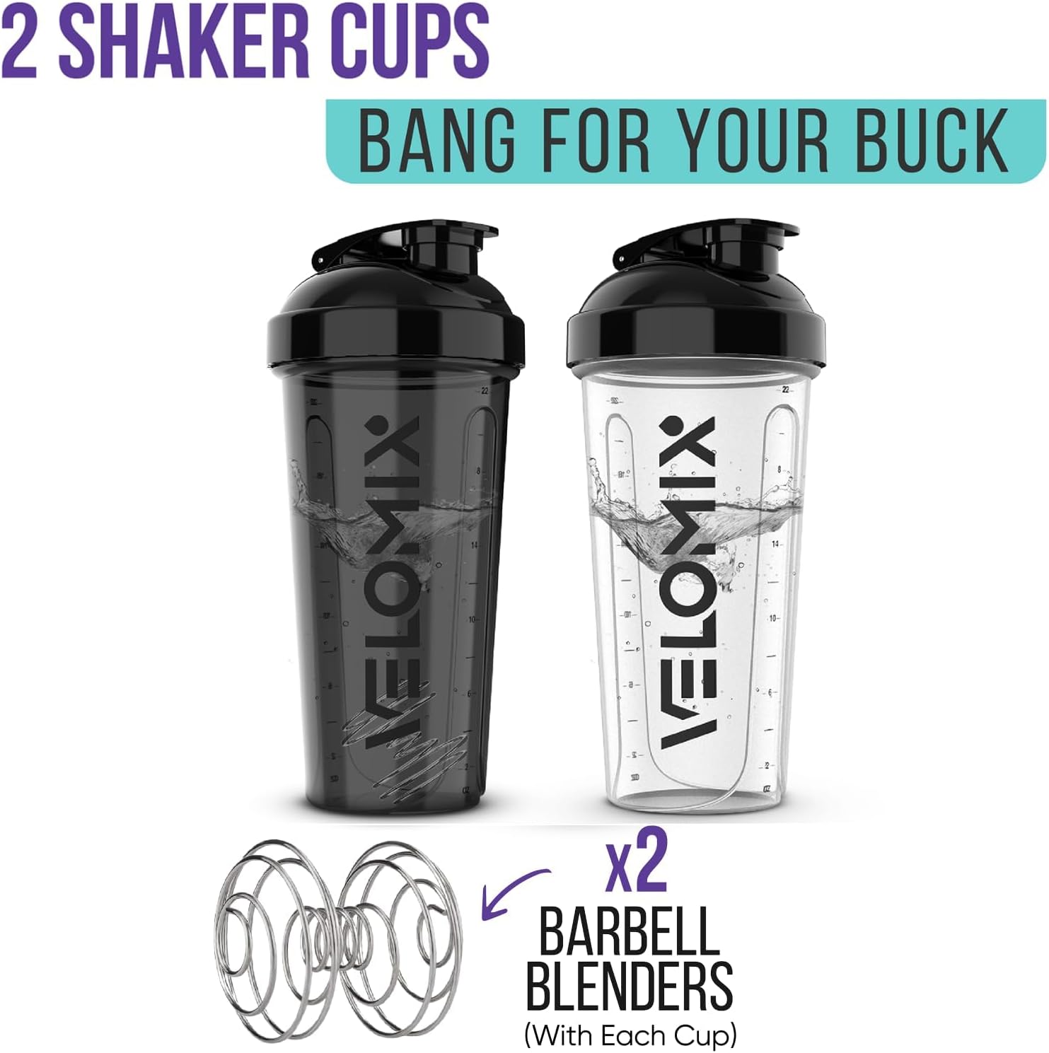 -2 Pack- 28 oz Protein Shaker Bottles for Protein Mixes - 2x Wire Whisk | Leak Proof Shaker Cups for Protein Shakes | Protein Shaker Bottle Pack (Black/Transparent)