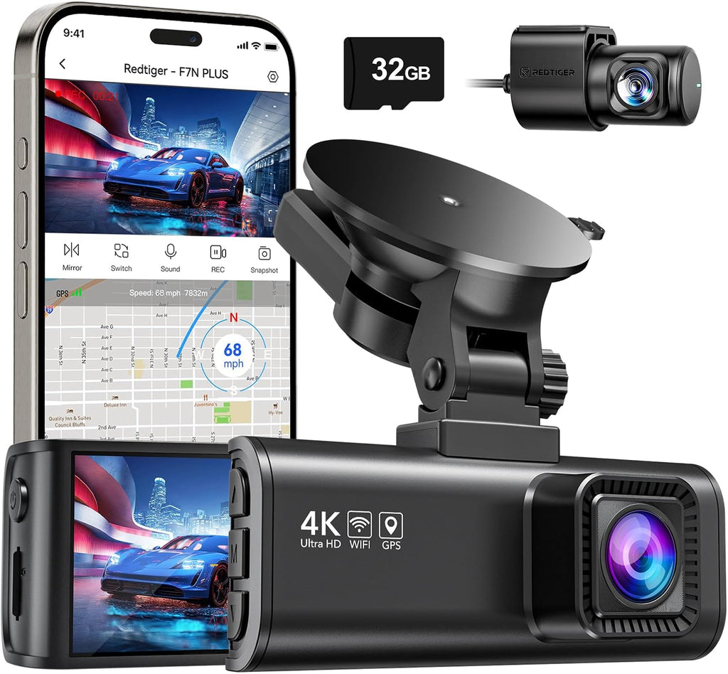 REDTIGER Dash Cam Front Rear, 4K/2.5K Full HD Dash Camera for Cars, Included 32GB Card, Built-in Wi-Fi GPS, 3.16” IPS Screen, Night Vision, 170°Wide Angle, WDR, 24H Parking Mode(F7NP)