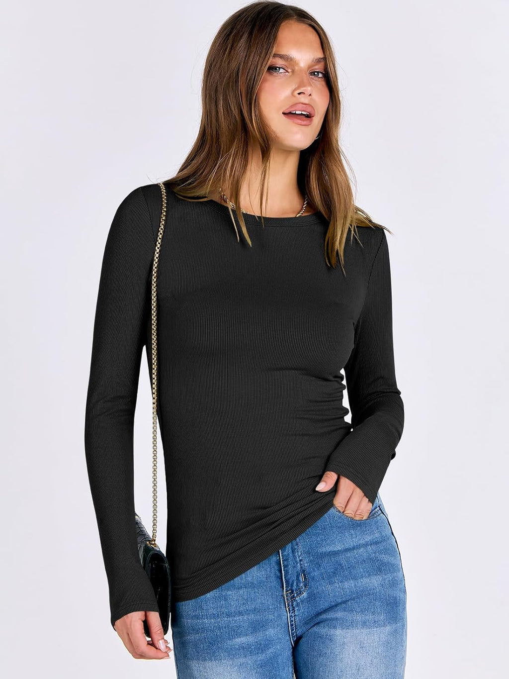 Elevate Long Sleeve Rib Knit Top™ - ANRABESS Long Sleeve Shirts Tops Casual T-Shirt