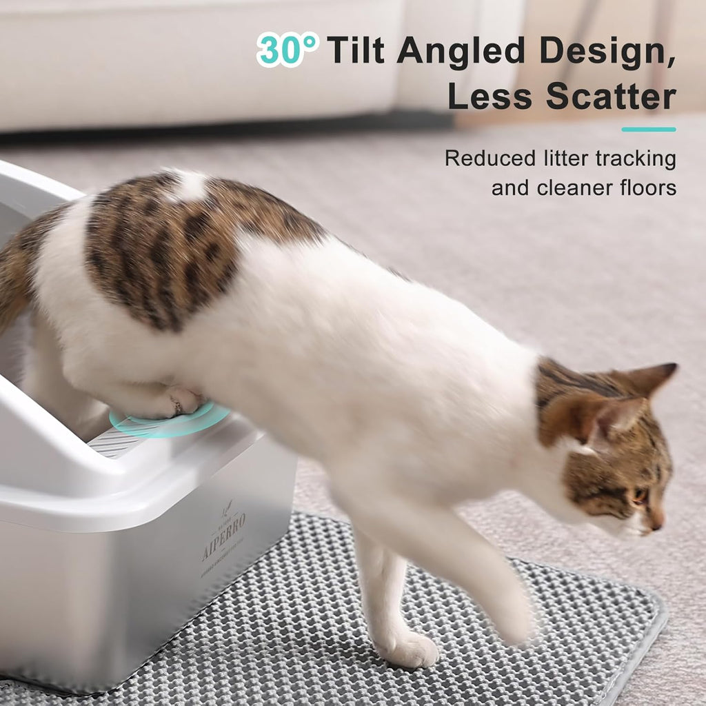 Stainless Steel Litter Box | XL Enclosed Cat Litter Boxs with Lid for Big Cats | High Sided, Anti-Urine Leakage | Non-Stick Bottom & Includes Litter Mat & Metal Scoop