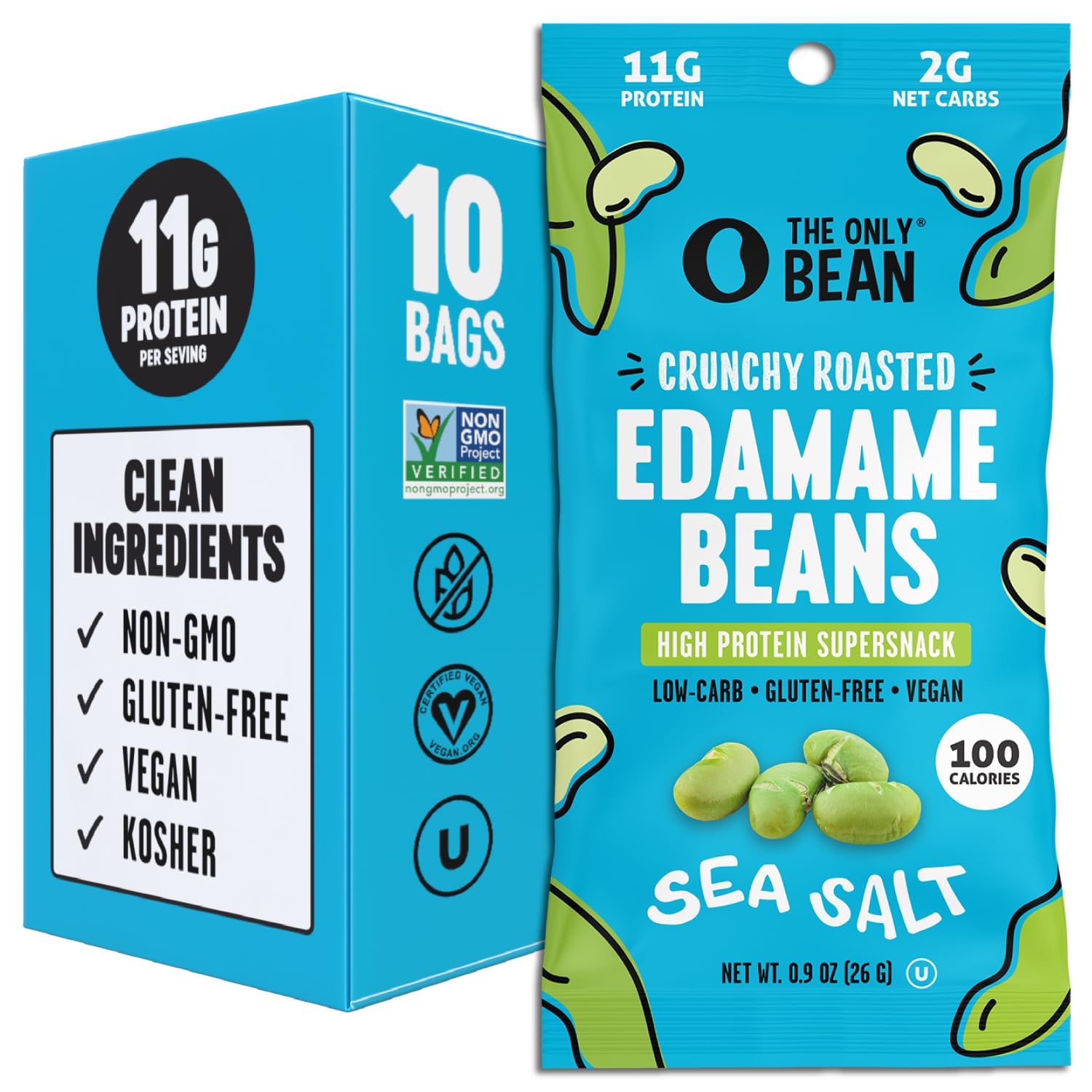 The Only Bean Crunchy Dry Roasted Edamame Snacks (Sea Salt), Healthy High Protein(11g) Keto Food, Low Carb Gluten Free Office Vegan Food 100 Calorie Snack Pack, 0.9oz 10 Pack