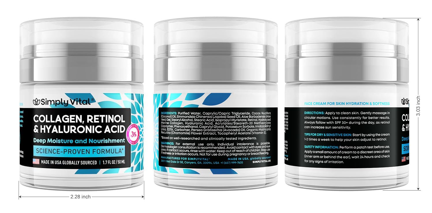 implyVital Collagen, Retinol & Hyaluronic Acid Cream - Anti-Aging Face Moisturizer for Face, Firming Skin Care Neck & Décolleté - Made in USA, Daily Moisturizer Face Cream Day & Night - 1.7 fl.oz.