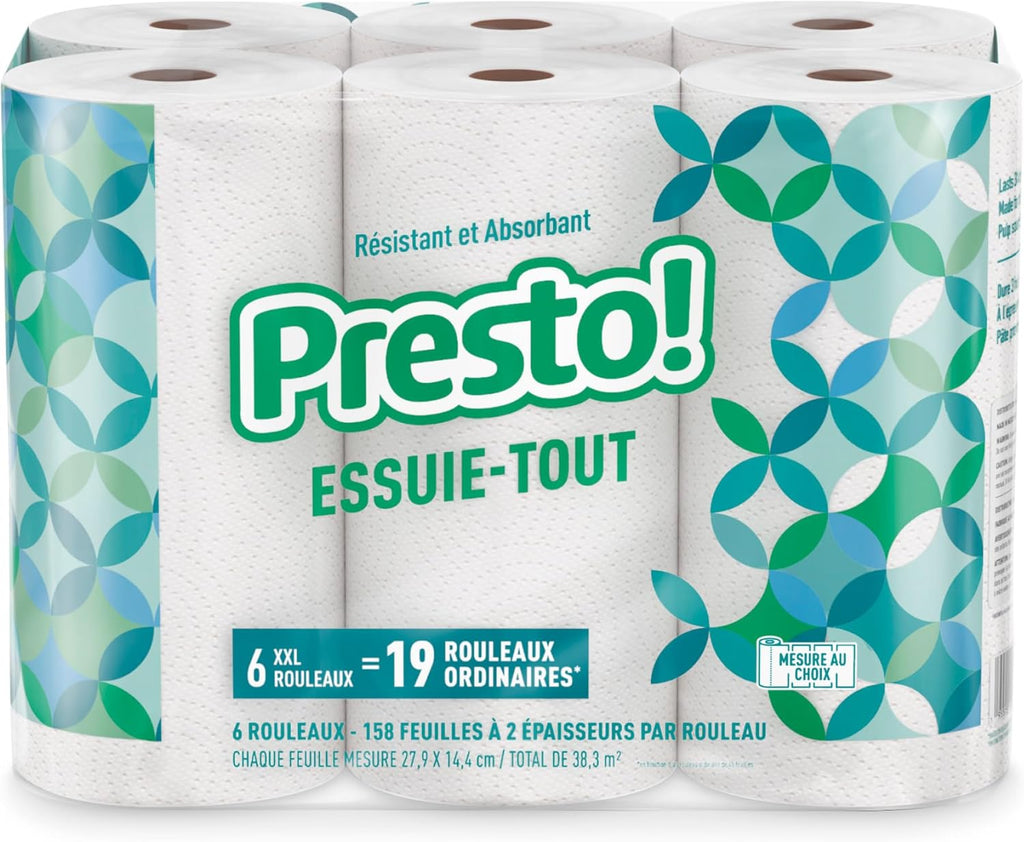 Presto! Flex-a-Size Paper Towels, 158 Sheet Huge Roll, 12 Rolls (2 Packs of 6), Equivalent to 38 Regular Rolls, White