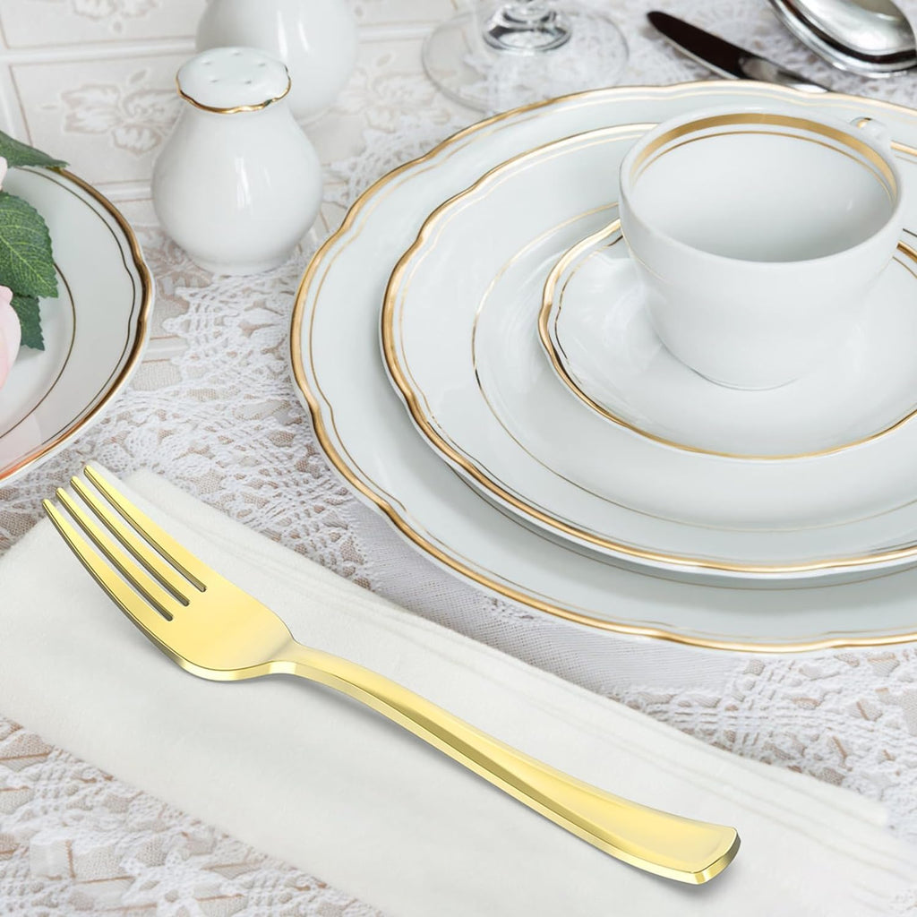 100 Count Heavy Duty Gold Plastic Forks Disposable, BPA-Free, Heat Resistant, Solid and Durable Premium Plastic Disposable Forks for Party Supply