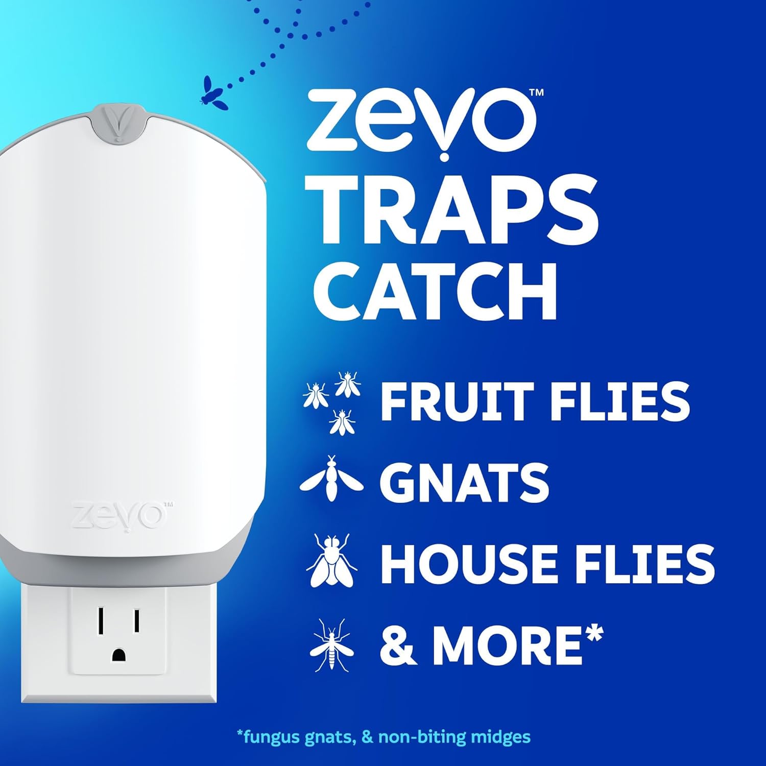 Zevo™ Flying Insect Trap™ (1 Device & 3 Refill Cartridges) - Plug in Fly Trap & Indoor Bug Catcher for Gnats, House & Fruit Flies