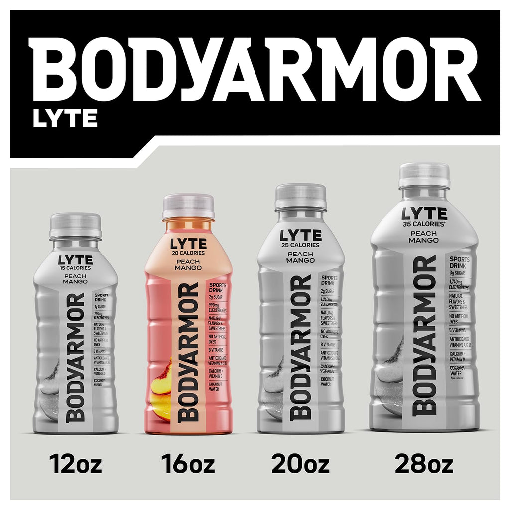 BODYARMOR LYTE Sports Drink Low-Calorie Sports Beverage, Peach Mango, Coconut Water Hydration, Natural Flavors With Vitamins, Potassium-Packed Electrolytes, Perfect For Athletes, 16 Fl Oz (Pack of 12)