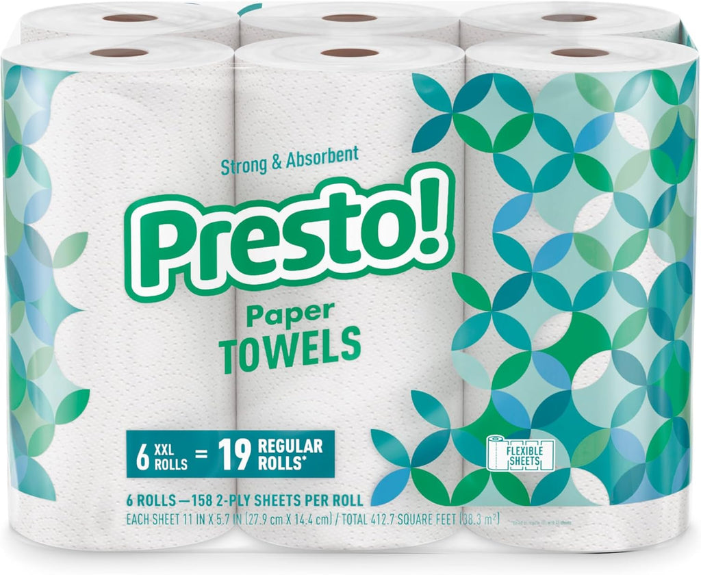 Presto! Flex-a-Size Paper Towels, 158 Sheet Huge Roll, 12 Rolls (2 Packs of 6), Equivalent to 38 Regular Rolls, White