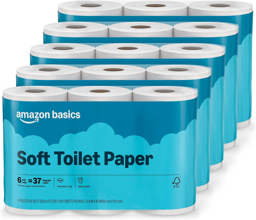 Premium 2-Ply Soft Toilet Paper, 30 Rolls (5 Packs of 6), Equivalent to 185 Regular Rolls, Packaging May Vary