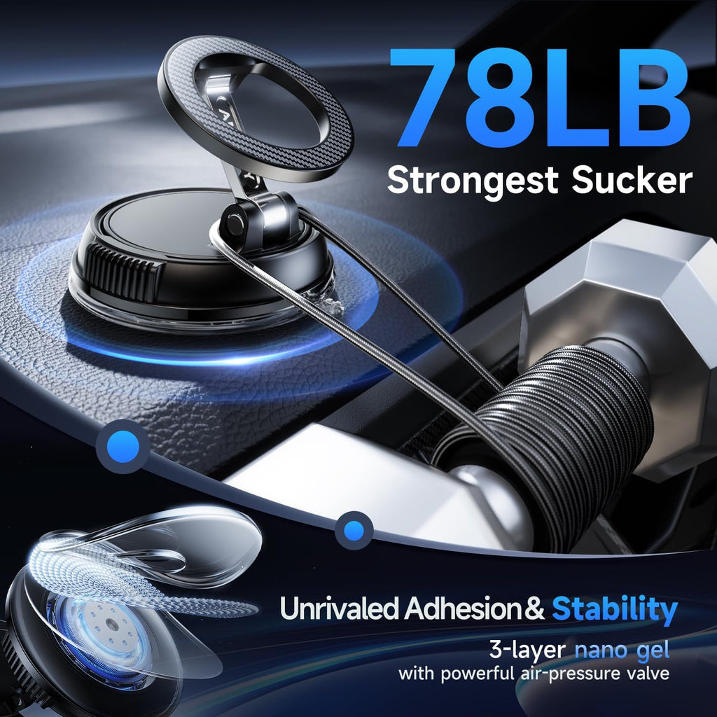 Car Phone Holder for Magsafe [78+LBS Strongest Suction & 2400gf Magnetic] 360° Adjustable Car Phone Mount, Phone Holders for Your Car for iPhone 17 Pro Max 16 15 14 13 12 Air Plus (Carbon Fiber)