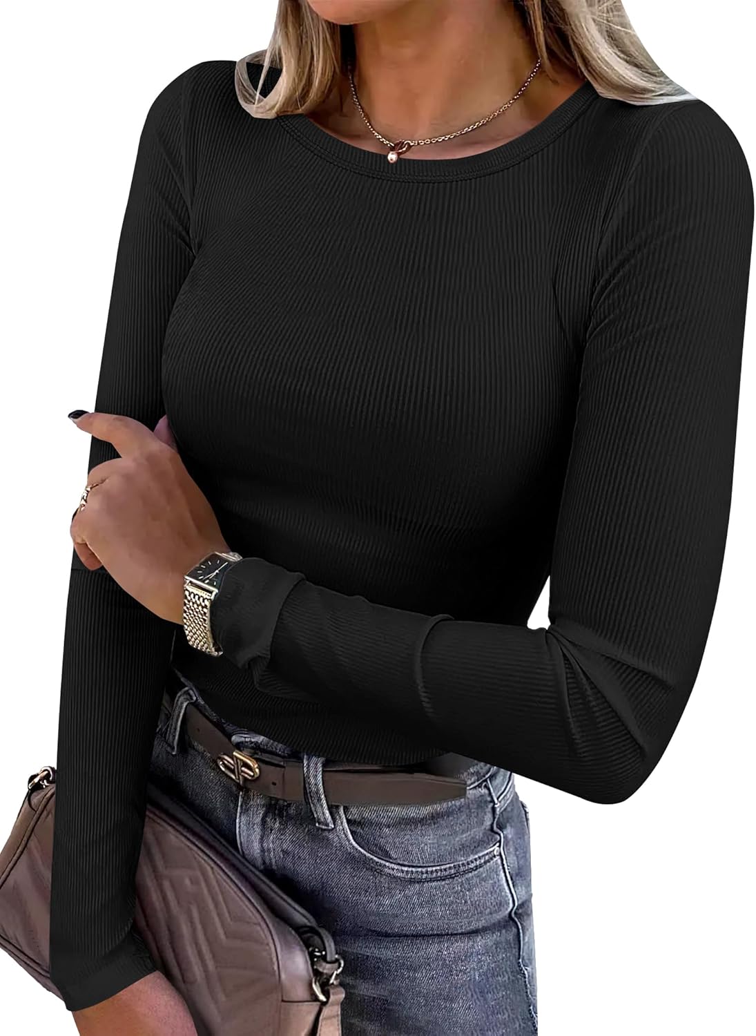 Elevate Long Sleeve Rib Knit Top™ - ANRABESS Long Sleeve Shirts Tops Casual T-Shirt