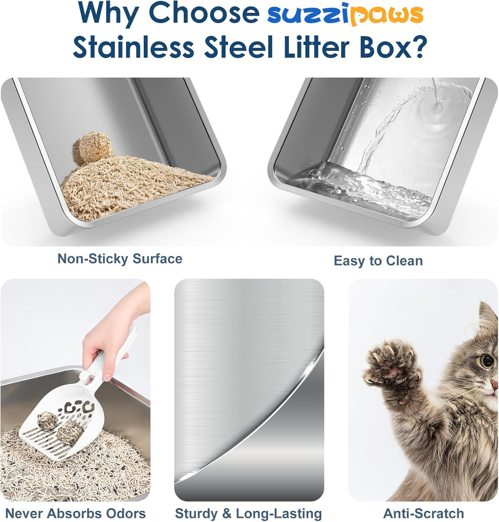 Enclosed Stainless Steel Cat Litter Box with Lid Extra Large Litter Box for Big Cats XL Metal Litter Pan Tray with High Wall Sides Enclosure, Non-Sticky, Anti-Leakage, Easy Cleaning