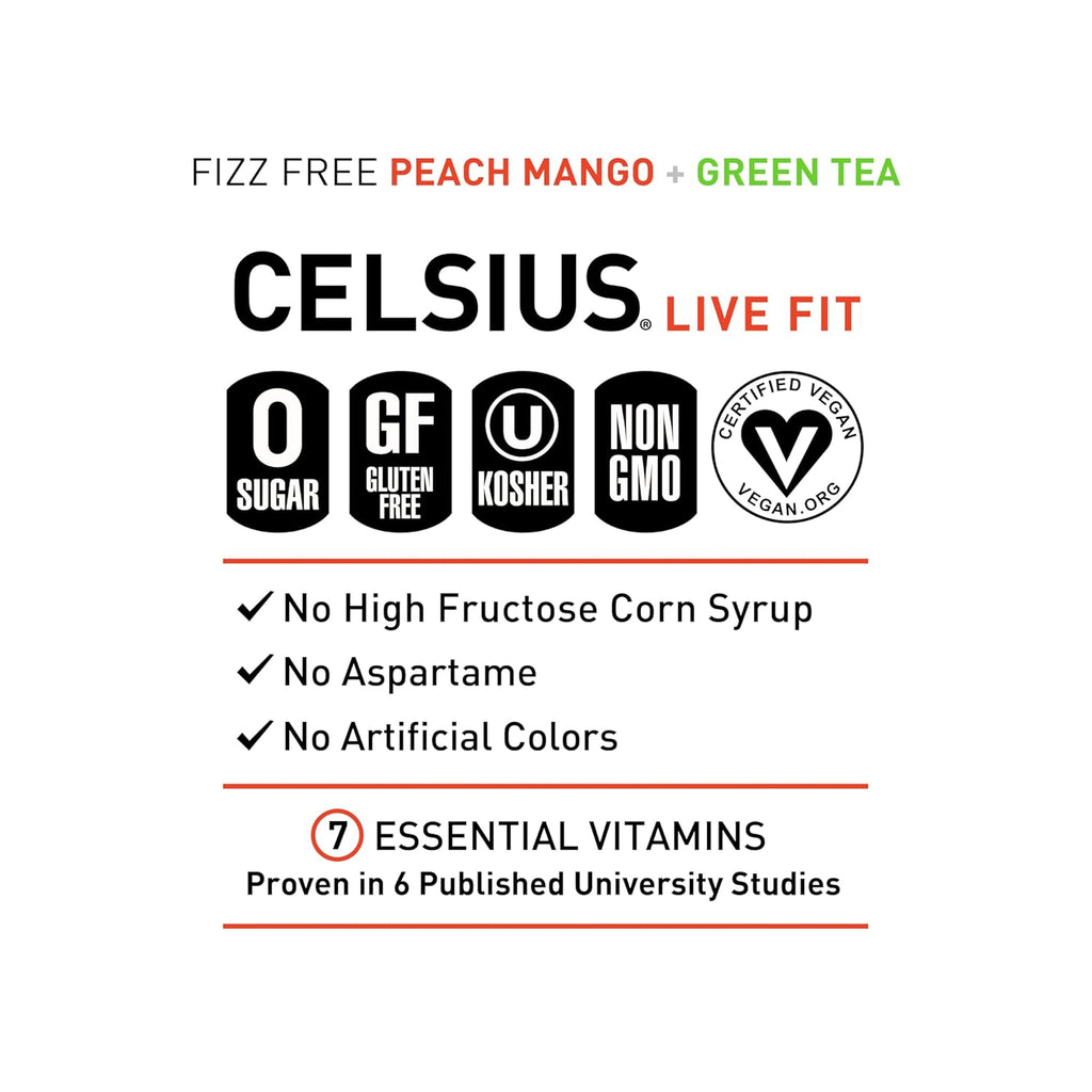 CELSIUS Peach Mango Green Tea, Functional Essential Energy Drink 12 Fl Oz (Pack of 12)