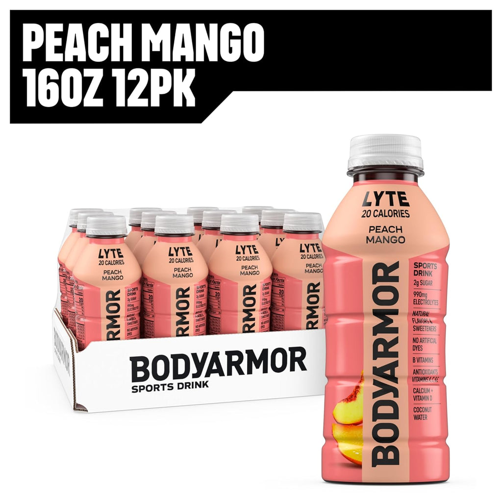 BODYARMOR LYTE Sports Drink Low-Calorie Sports Beverage, Peach Mango, Coconut Water Hydration, Natural Flavors With Vitamins, Potassium-Packed Electrolytes, Perfect For Athletes, 16 Fl Oz (Pack of 12)