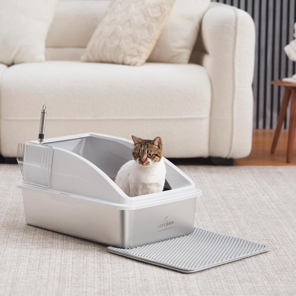 Stainless Steel Litter Box | XL Enclosed Cat Litter Boxs with Lid for Big Cats | High Sided, Anti-Urine Leakage | Non-Stick Bottom & Includes Litter Mat & Metal Scoop