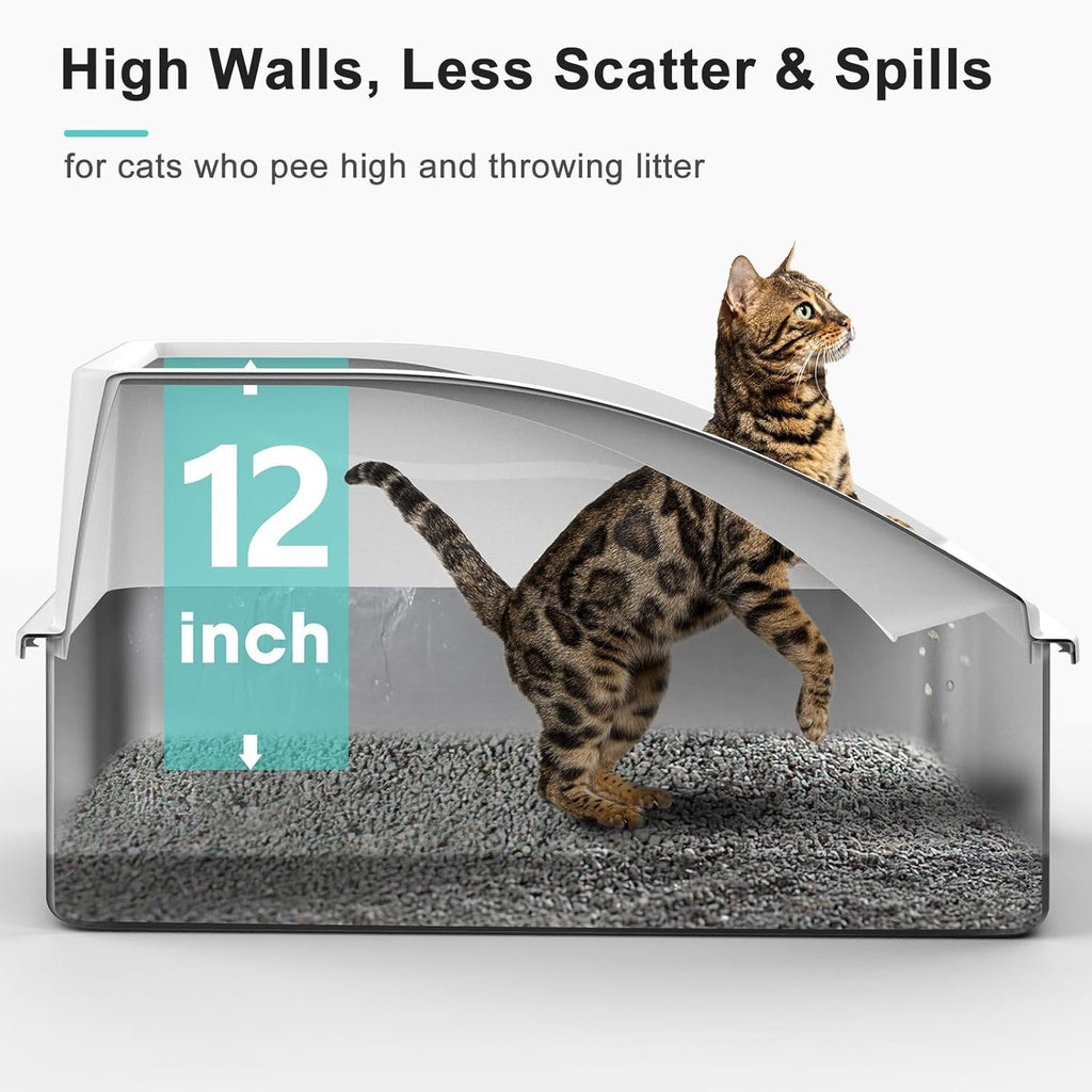 Stainless Steel Litter Box | XL Enclosed Cat Litter Boxs with Lid for Big Cats | High Sided, Anti-Urine Leakage | Non-Stick Bottom & Includes Litter Mat & Metal Scoop