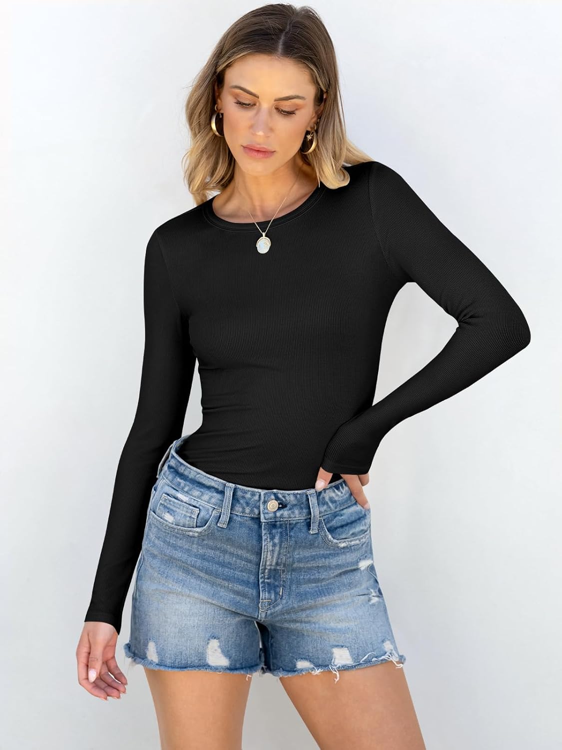 Elevate Long Sleeve Rib Knit Top™ - ANRABESS Long Sleeve Shirts Tops Casual T-Shirt
