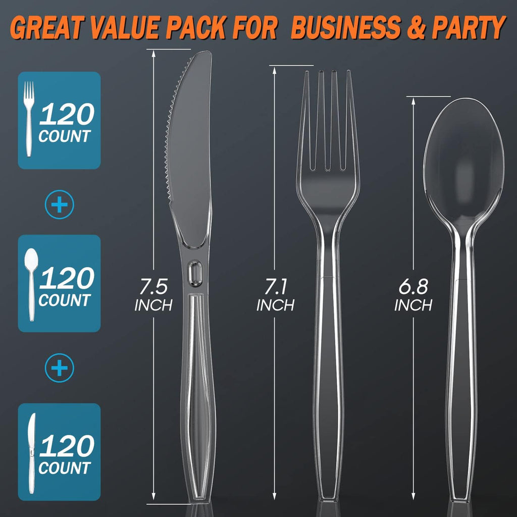 360 Count Plastic Silver Ware Heavy Duty, 120 Forks, 120 Spoons, 120 Knives, Heat Resistant & BPA Free Disposable SilverWare, Disposable Cutlery set, Premium Clear Utencils for Party Supply