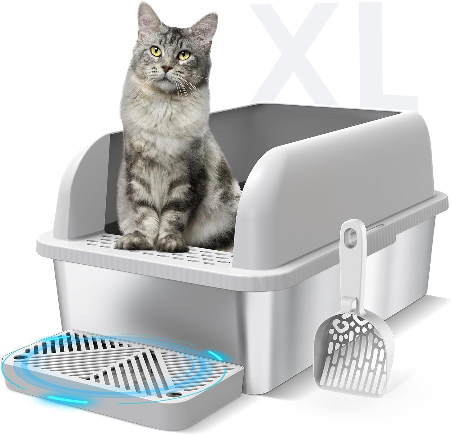 Enclosed Stainless Steel Cat Litter Box with Lid Extra Large Litter Box for Big Cats XL Metal Litter Pan Tray with High Wall Sides Enclosure, Non-Sticky, Anti-Leakage, Easy Cleaning