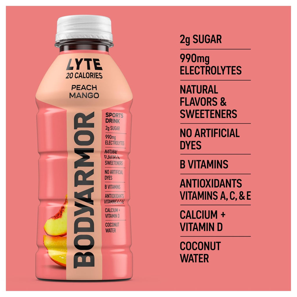 BODYARMOR LYTE Sports Drink Low-Calorie Sports Beverage, Peach Mango, Coconut Water Hydration, Natural Flavors With Vitamins, Potassium-Packed Electrolytes, Perfect For Athletes, 16 Fl Oz (Pack of 12)