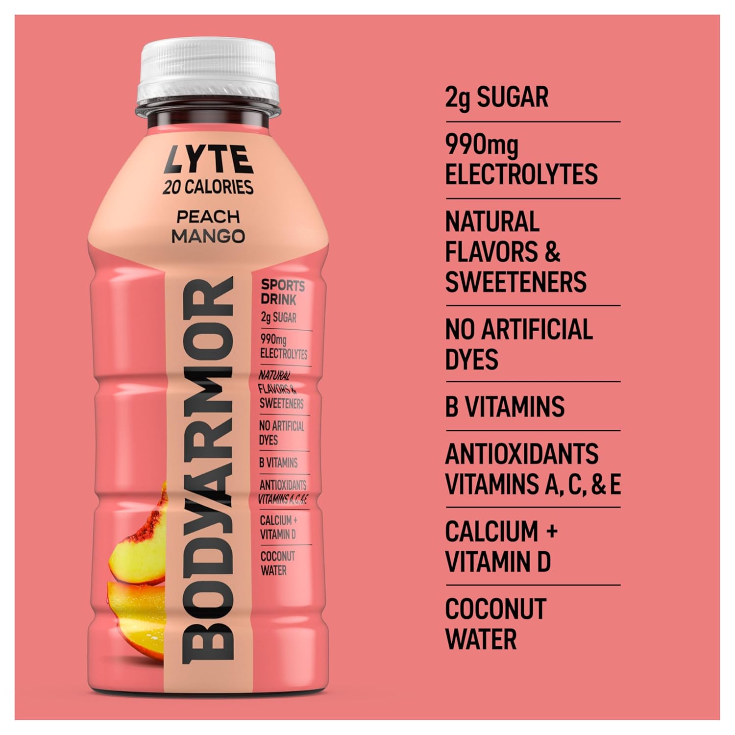 BODYARMOR LYTE Sports Drink Low-Calorie Sports Beverage, Peach Mango, Coconut Water Hydration, Natural Flavors With Vitamins, Potassium-Packed Electrolytes, Perfect For Athletes, 16 Fl Oz (Pack of 12)