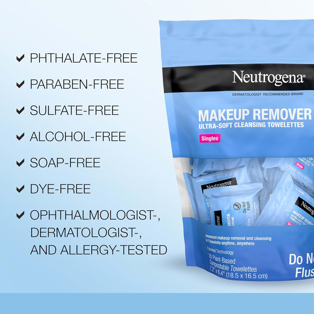 Neutrogena Makeup Remover Wipes Singles, Individually Wrapped, Daily Facial Cleanser Towelettes, Gently Removes Oil & Makeup, Alcohol-Free, 20 ct