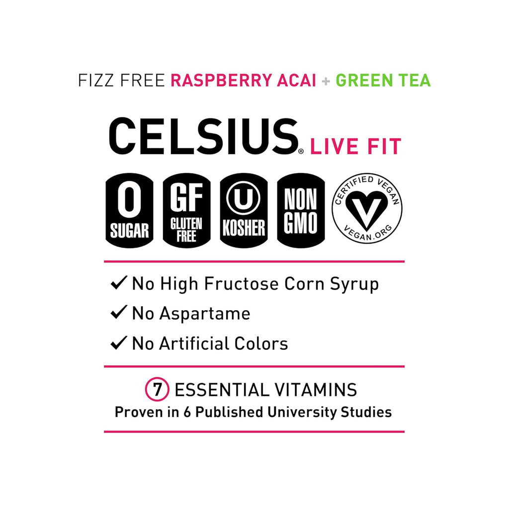 CELSIUS Raspberry Acai Green Tea, Functional Essential Energy Drink 12 Fl Oz (Pack of 12) Packaging may vary