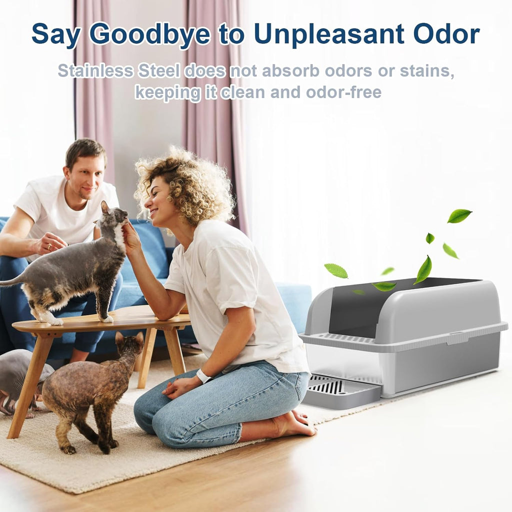 Enclosed Stainless Steel Cat Litter Box with Lid Extra Large Litter Box for Big Cats XL Metal Litter Pan Tray with High Wall Sides Enclosure, Non-Sticky, Anti-Leakage, Easy Cleaning