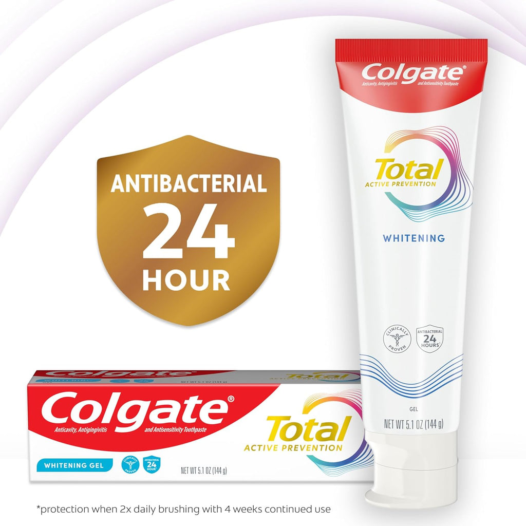Colgate Total Active Prevention Whitening Gel Toothpaste with Fluoride, Bulk with Clinically Proven Formula That Fights Plaque Bacteria, Mint, 4 Pack, 5.1 oz