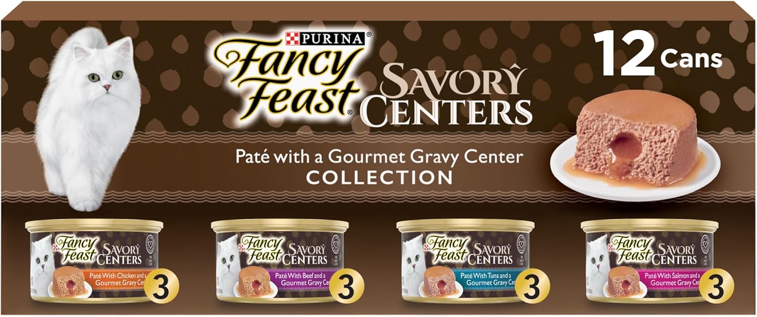 Purina Fancy Feast Savory Centers Wet Cat Food Pate Variety Pack With Chicken, Salmon, Beef, and Tuna Pate with Gravy Center - (2 Packs of 12) 3 oz. Pull-Top Cans