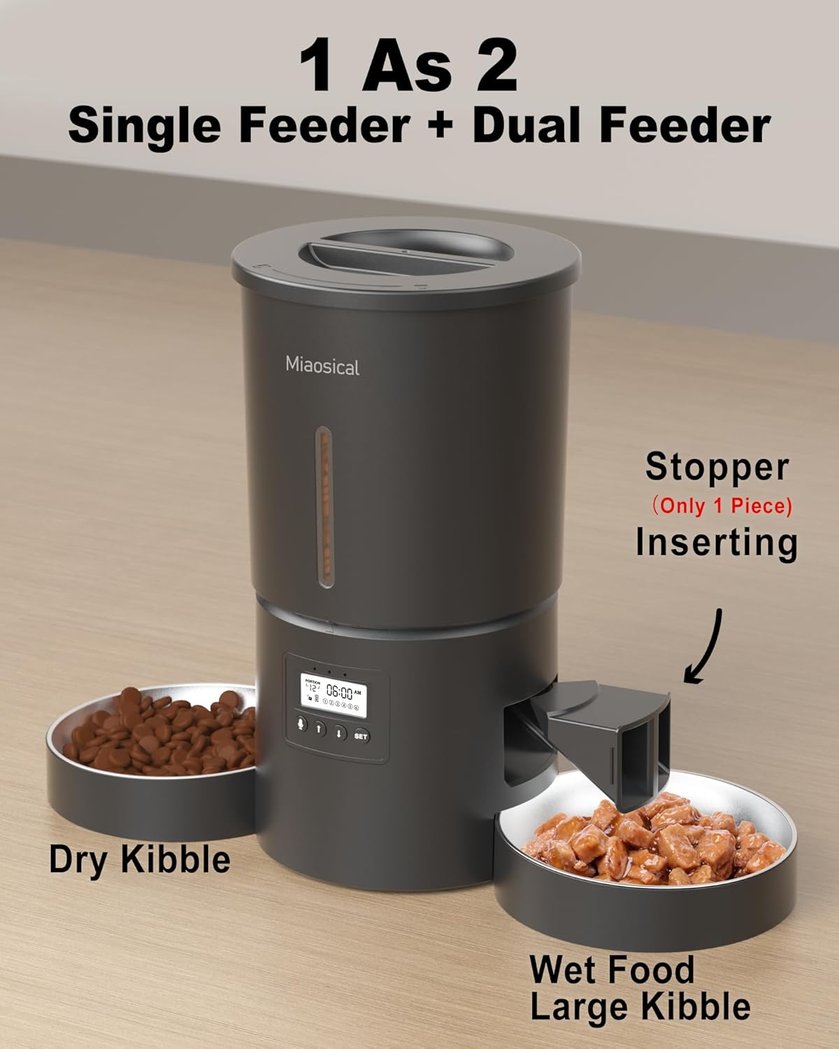 Dual Automatic Cat Feeder 2 Cats,6 Meals/Day,12 Portions/Meal,4.2L Dual Power Double Bowls Feeder,Dry Food Auto Pet Dispenser,10S Voice Record,Flexible Schedule Timer (Black,Stainless Dual Bowls)