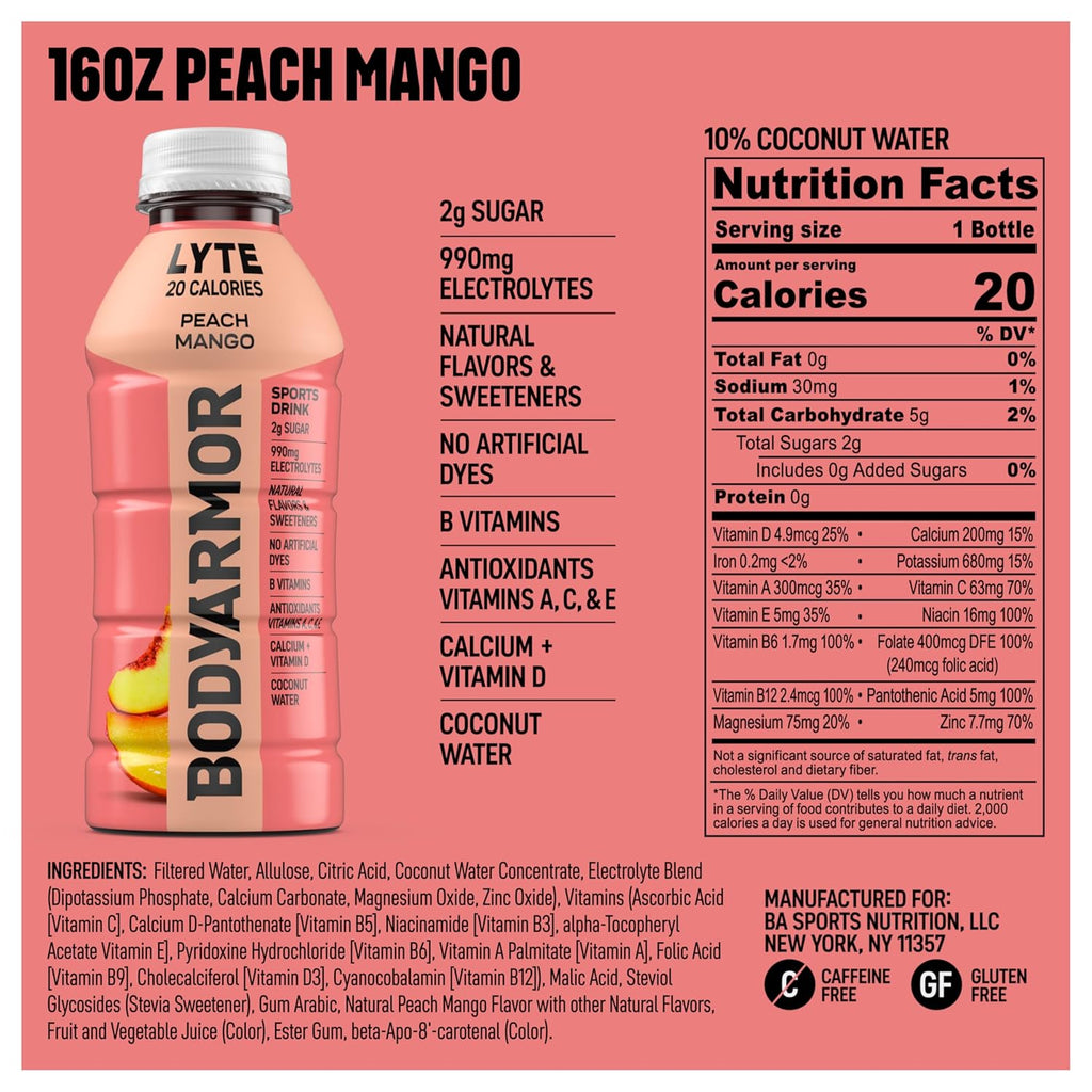 BODYARMOR LYTE Sports Drink Low-Calorie Sports Beverage, Peach Mango, Coconut Water Hydration, Natural Flavors With Vitamins, Potassium-Packed Electrolytes, Perfect For Athletes, 16 Fl Oz (Pack of 12)