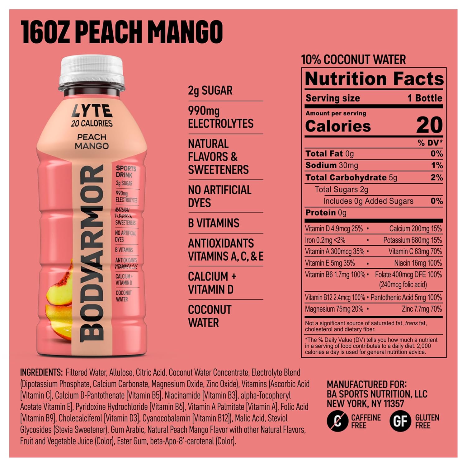 BODYARMOR LYTE Sports Drink Low-Calorie Sports Beverage, Peach Mango, Coconut Water Hydration, Natural Flavors With Vitamins, Potassium-Packed Electrolytes, Perfect For Athletes, 16 Fl Oz (Pack of 12)