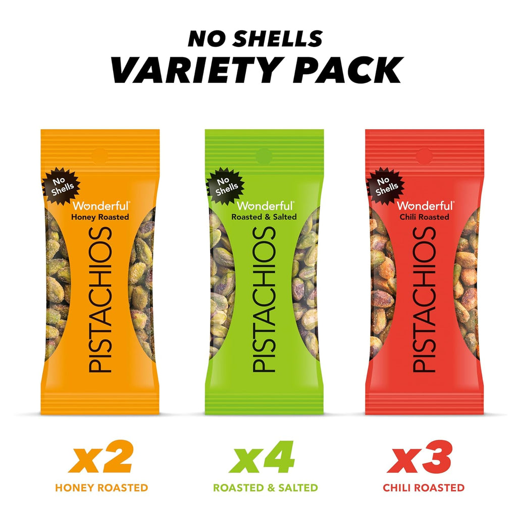 Wonderful Pistachios No Shells, 3 Flavors Mixed Variety Pack of 9 (0.75 Ounce), Roasted & Salted Nuts (4), Chili (3), Honey (2), Protein Snacks, Gluten Free, Pantry Staples, Healthy Snacks Variety Pack for Adults, Stocking Stuffers