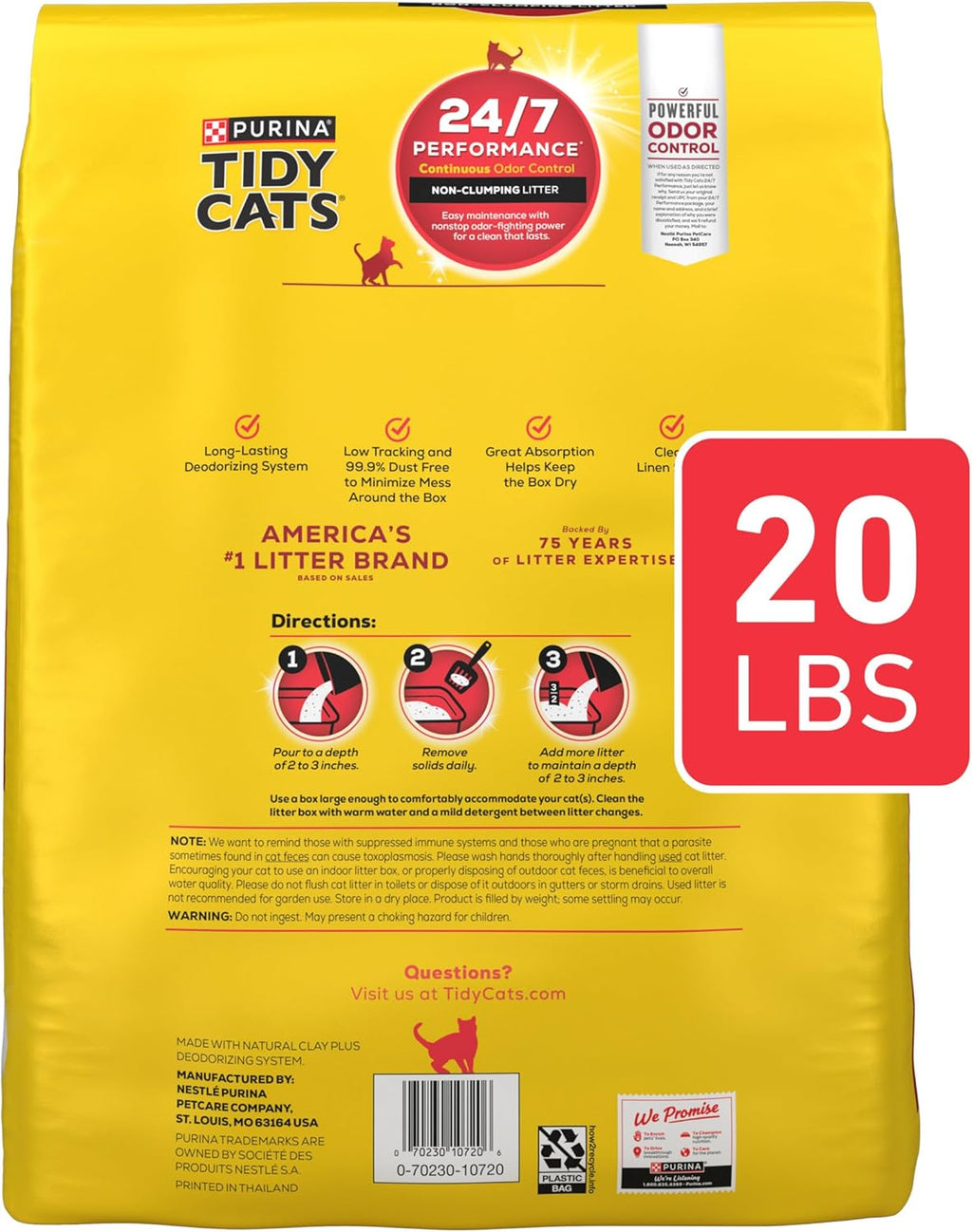 Purina Tidy Cats Non Clumping Cat Litter, 24/7 Performance Multi Cat Litter Odor Control Formula - 20 lb. Bag