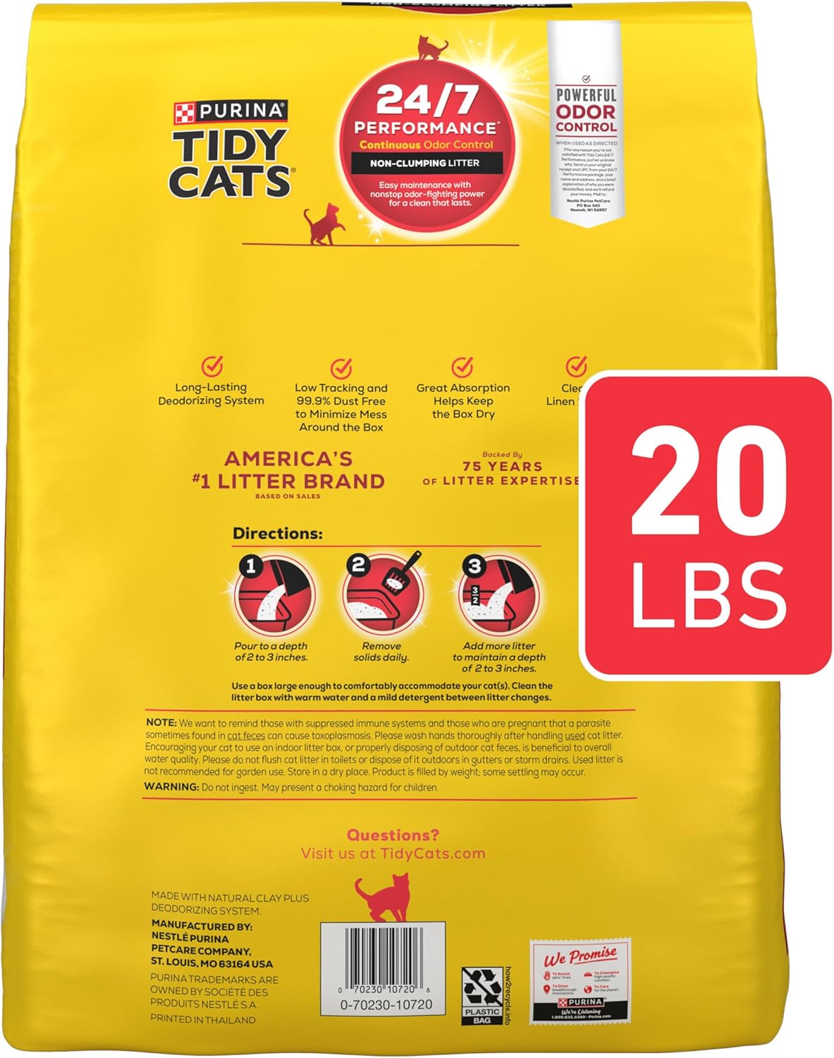 Purina Tidy Cats Non Clumping Cat Litter, 24/7 Performance Multi Cat Litter Odor Control Formula - 20 lb. Bag