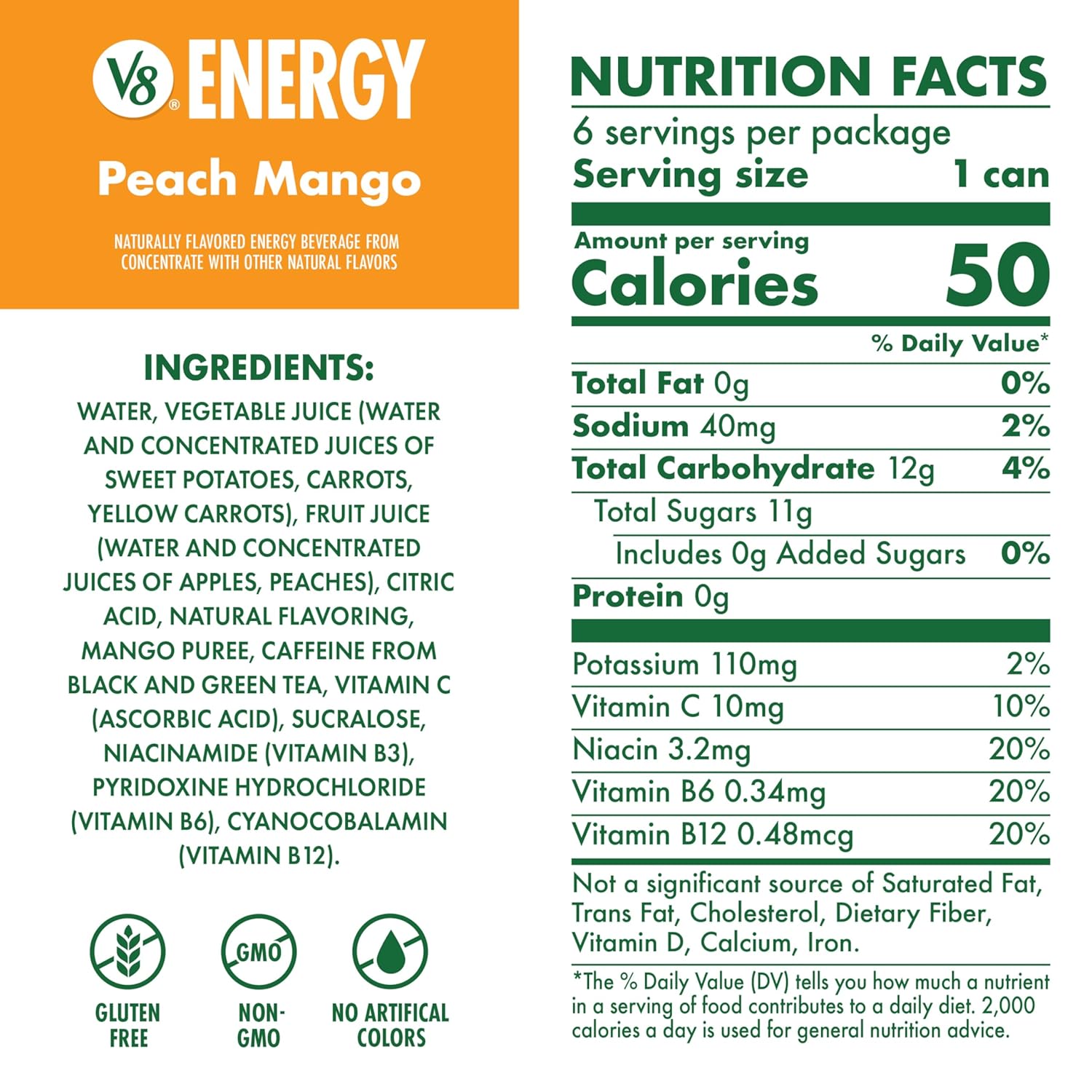 V8 Energy Peach Mango Energy Drink, 8 fl oz Can (6 Pack)