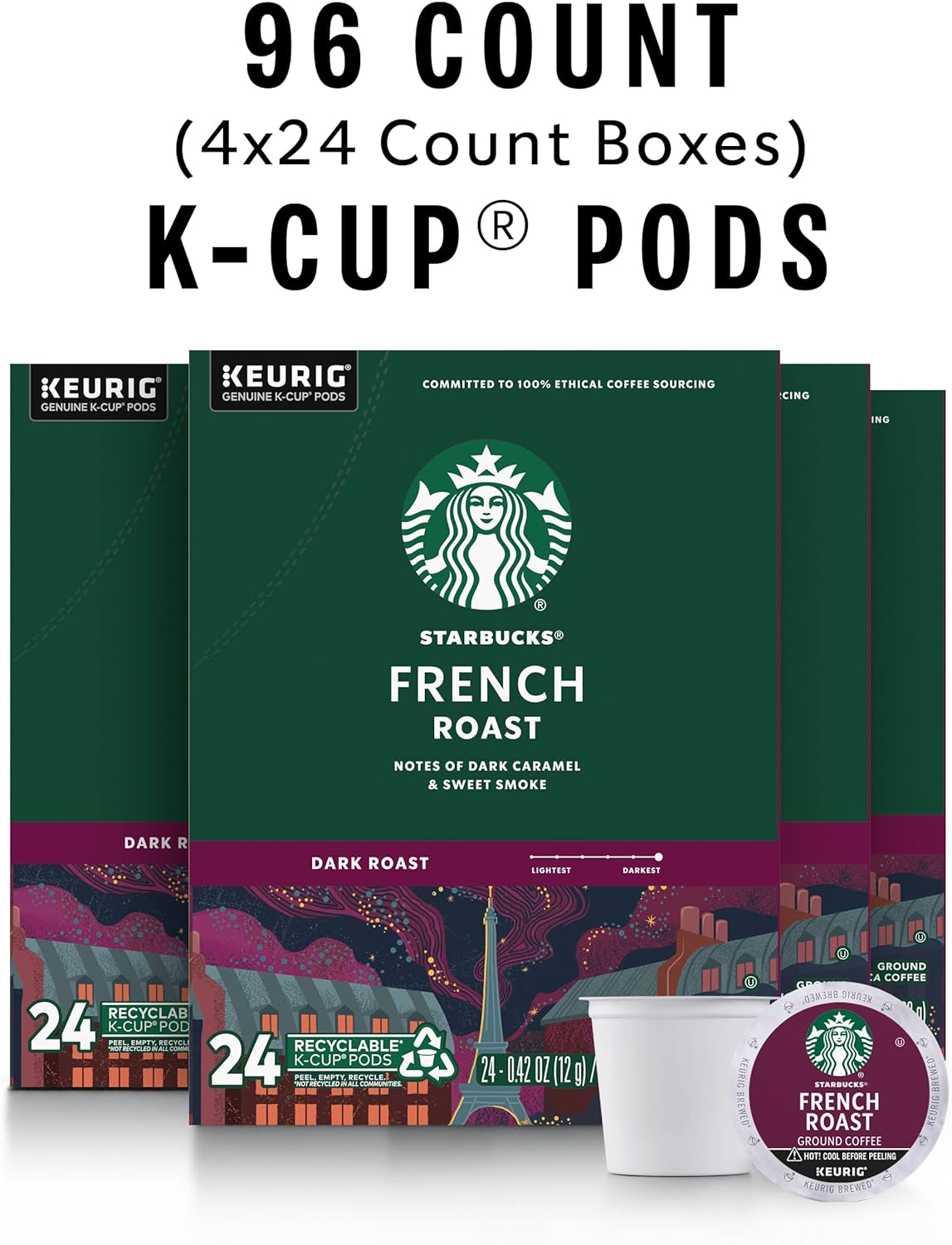 Starbucks K-Cup Coffee Pods, Dark Roast Coffee, French Roast for Keurig Brewers, 100% Arabica, 4 boxes (96 pods total)