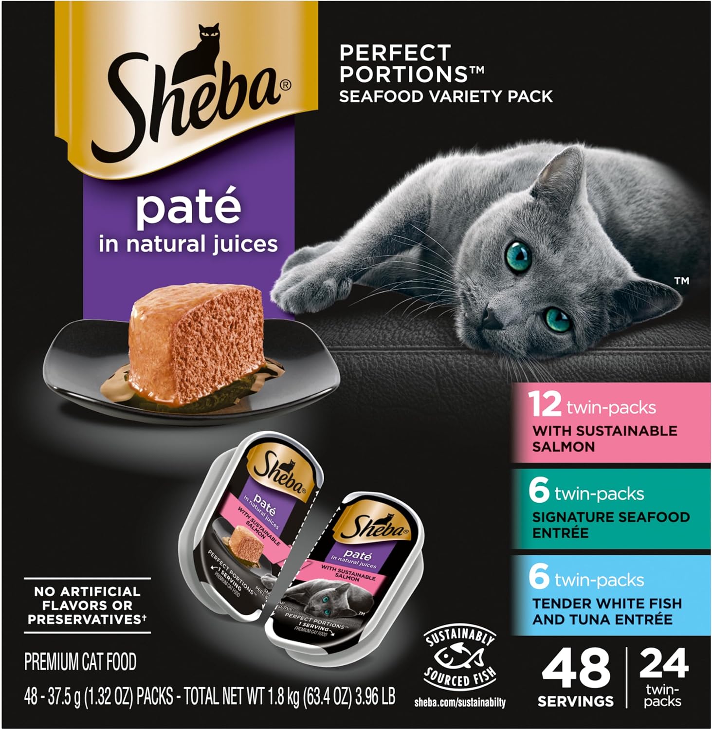 **Sheba Perfect Portions Wet Cat Food Pate with Sustainable Salmon, Signature Seafood Entree, and Tender Whitefish and Tuna Entree Variety Pack, 2.6 oz. Twin Pack Trays (24 Count, 48 Servings)