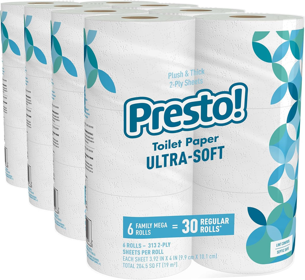 Ultra-Soft Eco-Friendly - Presto! 2-Ply Ultra-Soft Toilet Paper, 24 Family Mega Rolls = 120 regular rolls, 6 Count (Pack of 4), Unscented