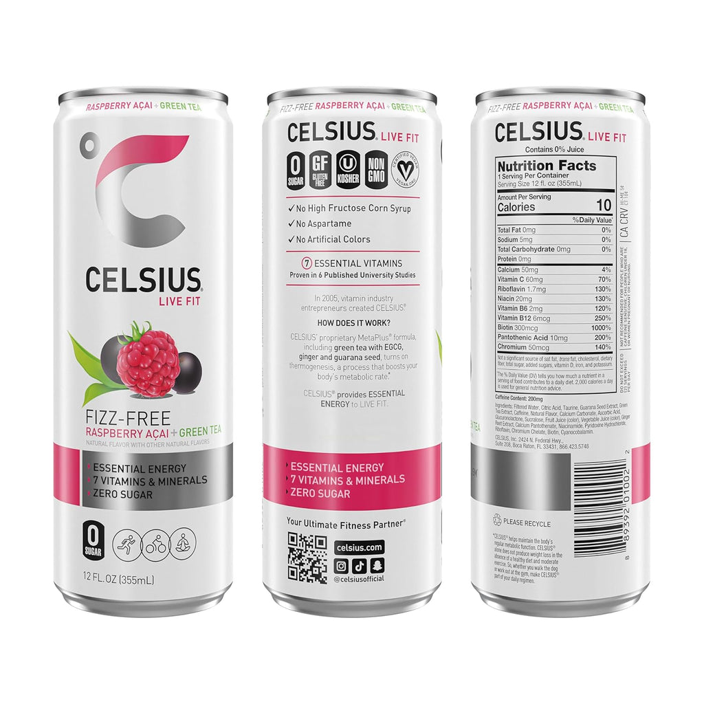 CELSIUS Raspberry Acai Green Tea, Functional Essential Energy Drink 12 Fl Oz (Pack of 12) Packaging may vary
