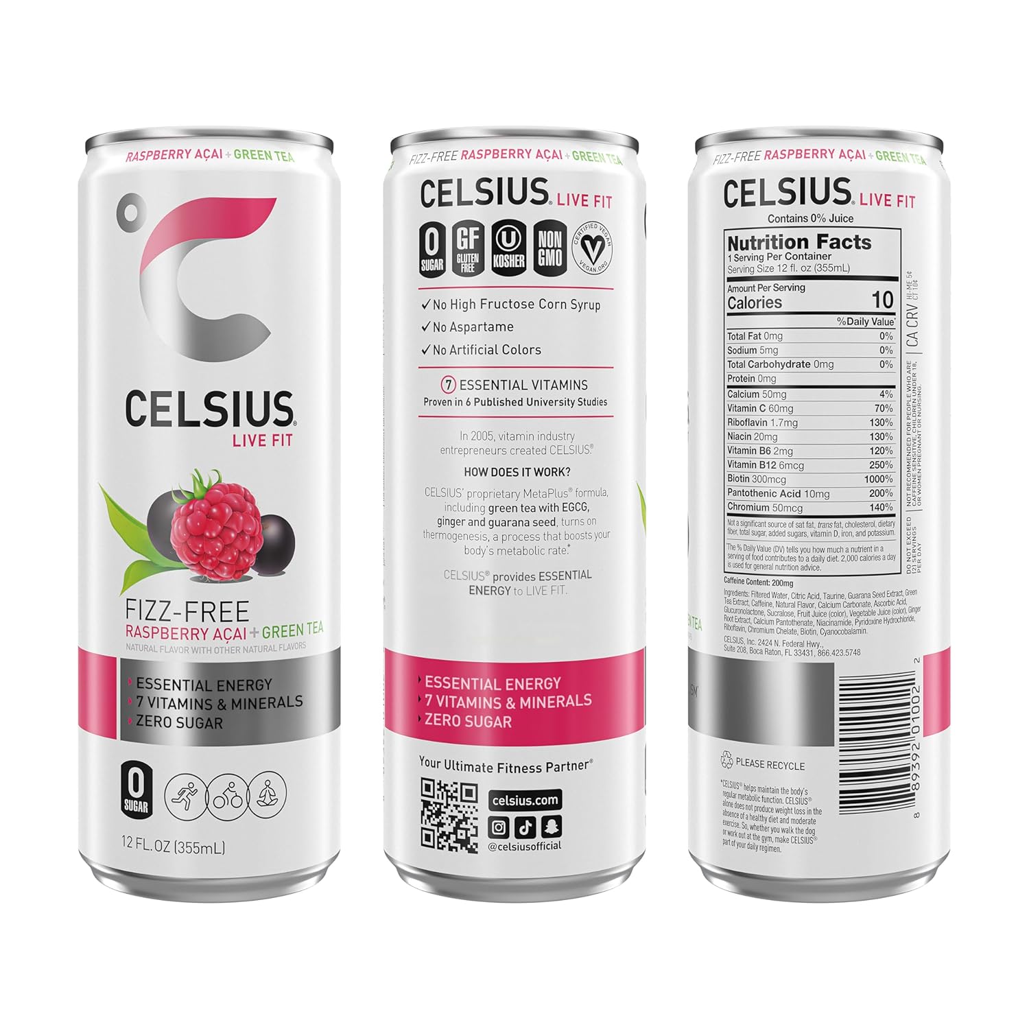 CELSIUS Raspberry Acai Green Tea, Functional Essential Energy Drink 12 Fl Oz (Pack of 12) Packaging may vary