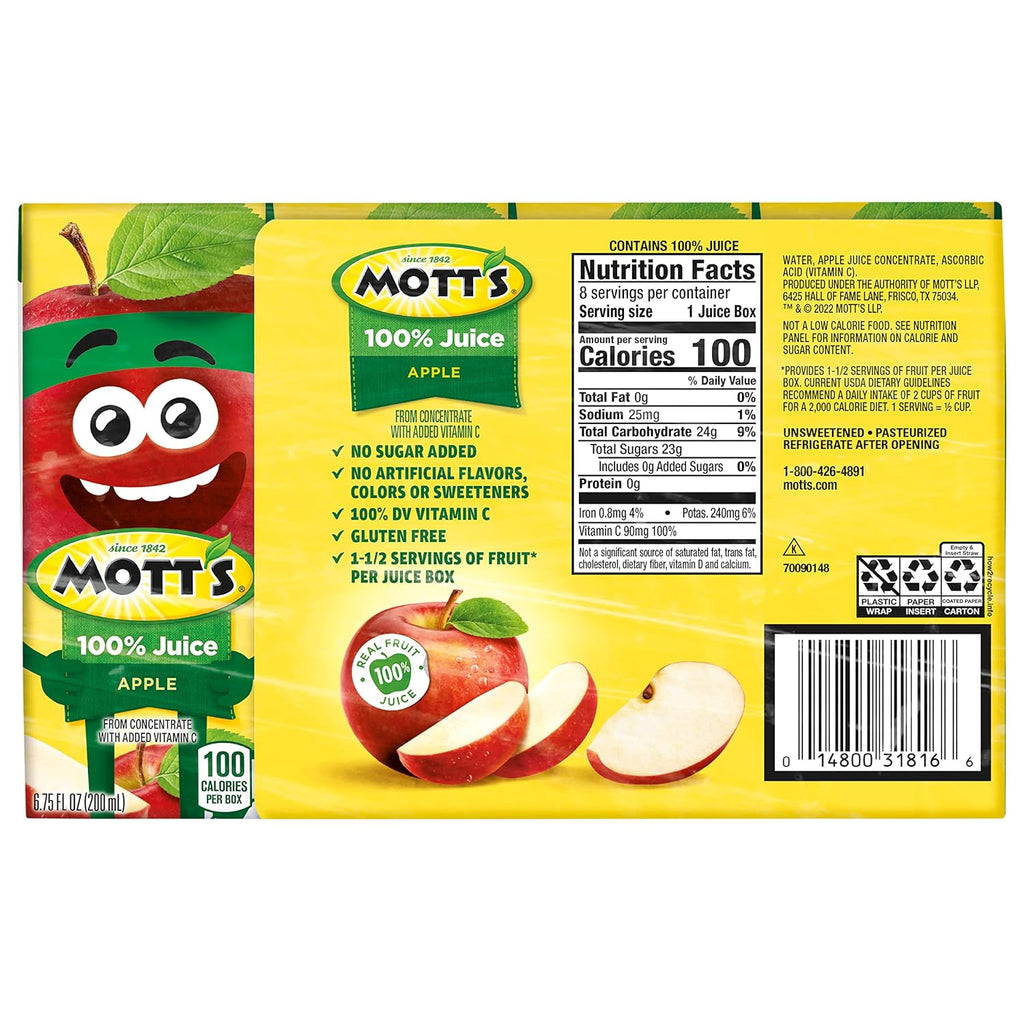 Mott's 100% Original Apple Juice, 6.75 Fl Oz Boxes, 32 Count (4 Packs Of 8), 2 Servings Of Fruit, 100% Fruit Juice, Gluten-free, Caffeine-free, Kosher, Contains No Artificial Colors Or Sweeteners