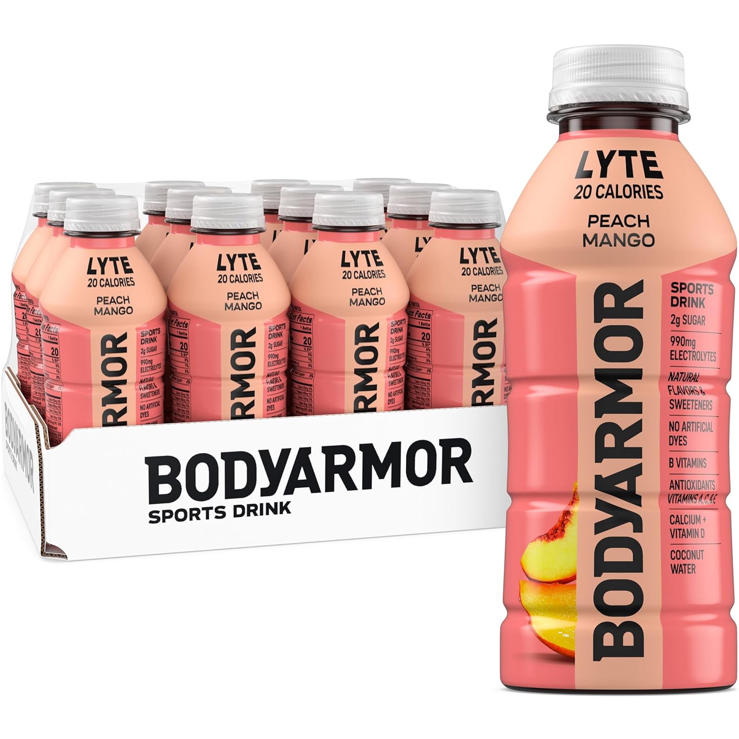 BODYARMOR LYTE Sports Drink Low-Calorie Sports Beverage, Peach Mango, Coconut Water Hydration, Natural Flavors With Vitamins, Potassium-Packed Electrolytes, Perfect For Athletes, 16 Fl Oz (Pack of 12)
